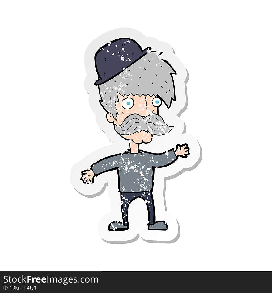 retro distressed sticker of a cartoon man wearing bowler hat