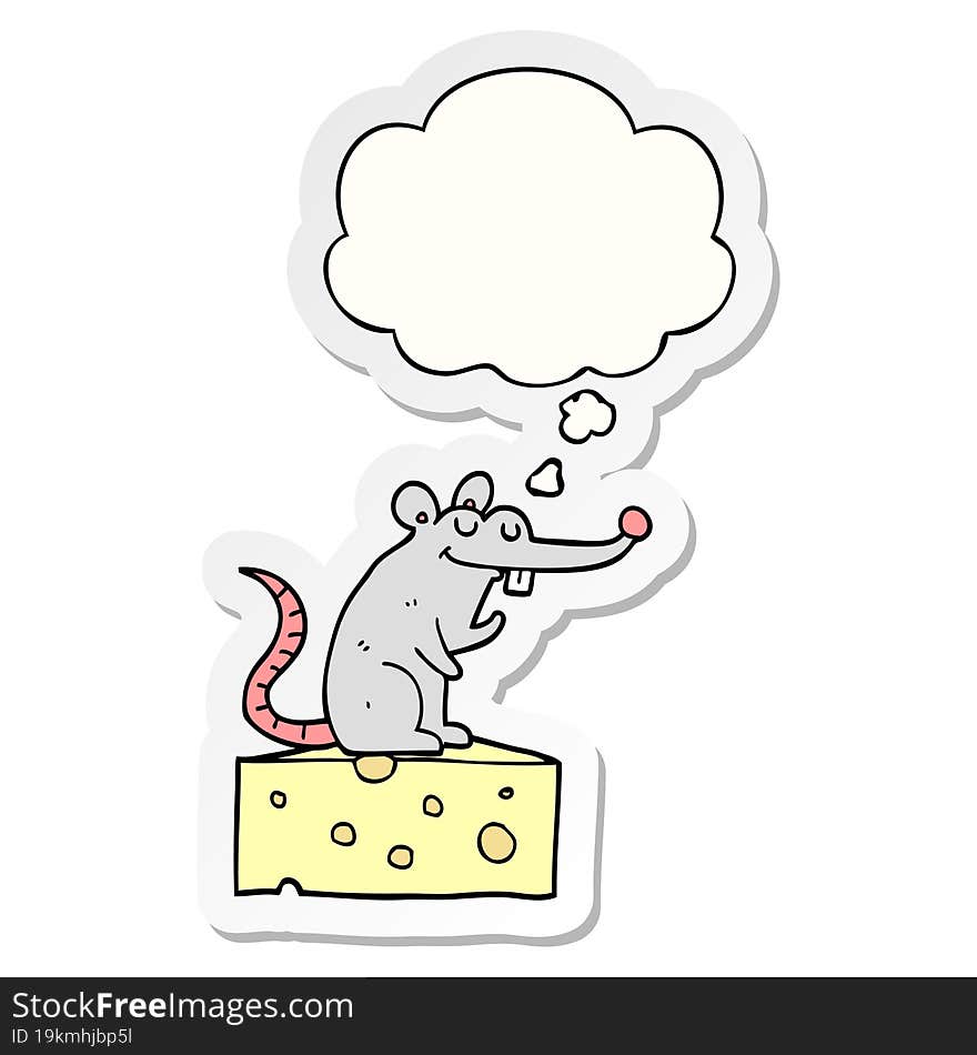 cartoon mouse sitting on cheese with thought bubble as a printed sticker