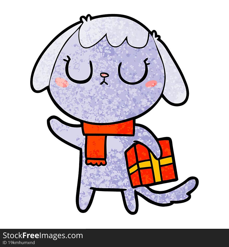 cute cartoon dog with christmas present. cute cartoon dog with christmas present