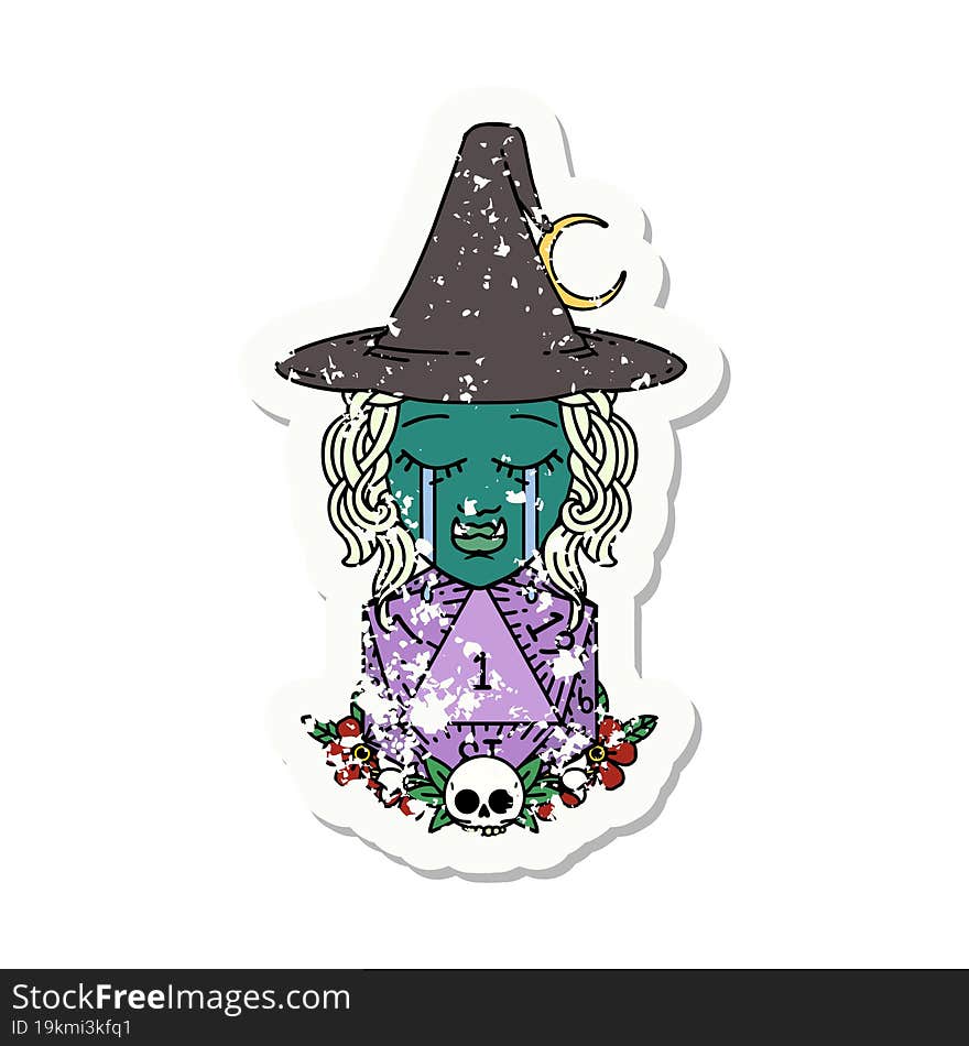 sad half orc witch character with natural one D20 roll illustration