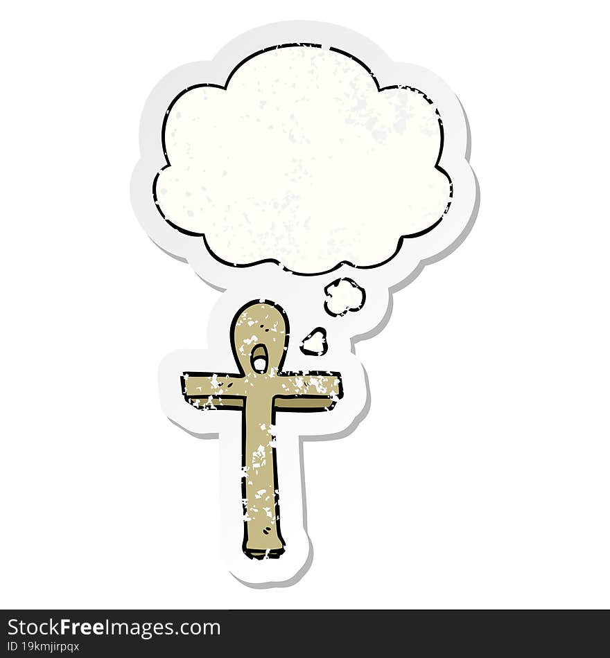 cartoon ankh symbol and thought bubble as a distressed worn sticker