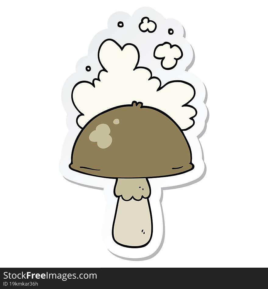 sticker of a cartoon mushroom with spore cloud