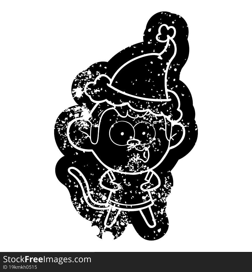 cartoon distressed icon of a surprised monkey wearing santa hat