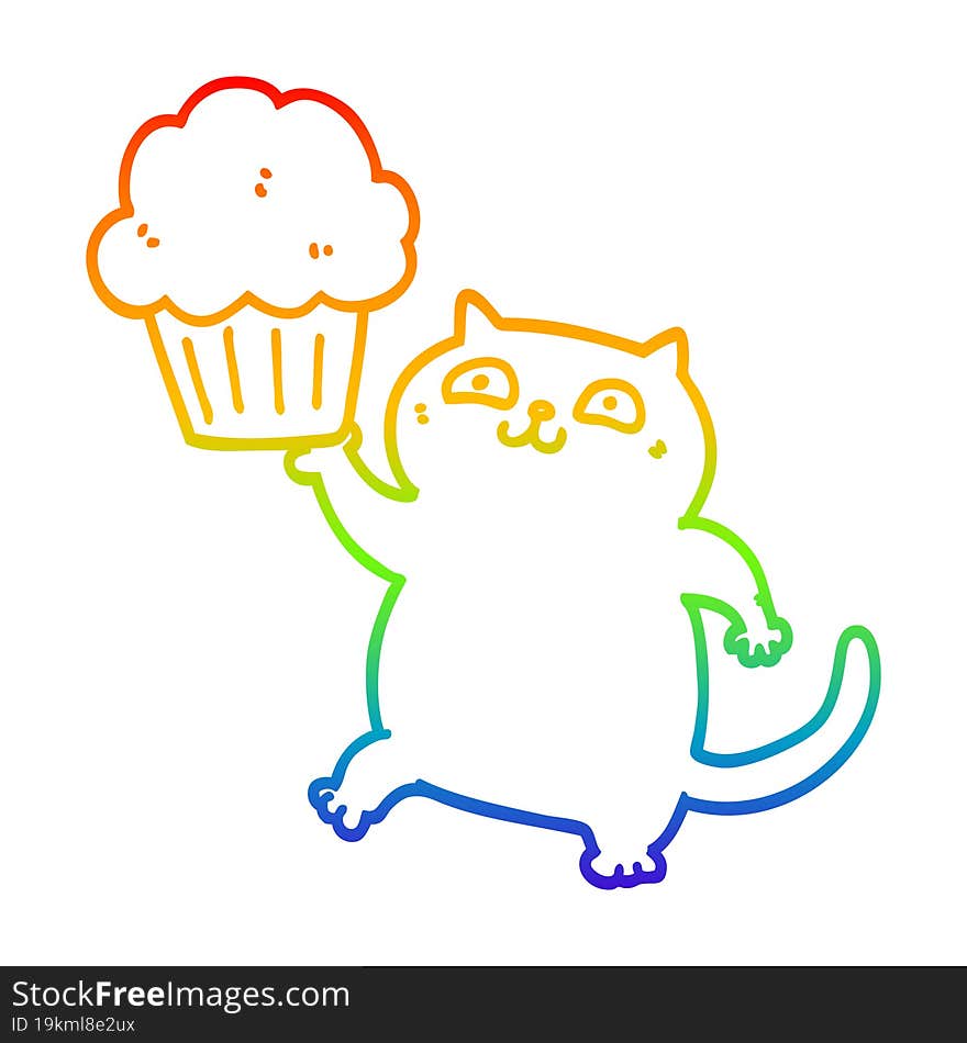 rainbow gradient line drawing cartoon cat with cupcake