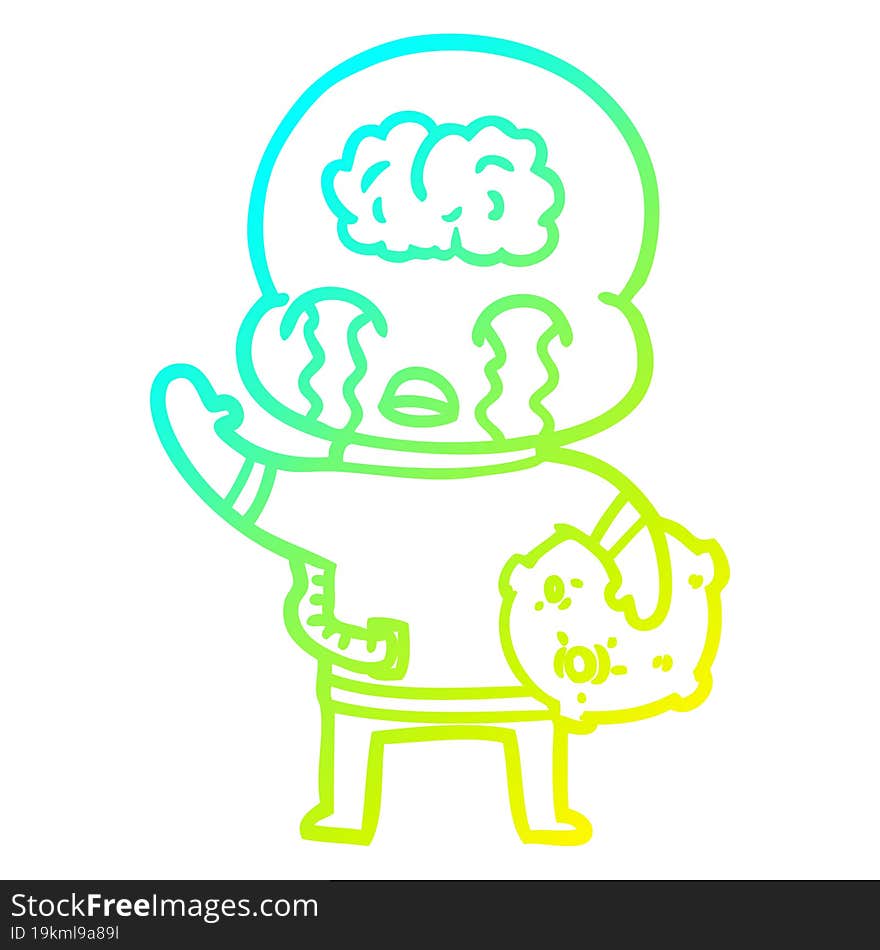 cold gradient line drawing cartoon big brain alien crying and waving goodbye