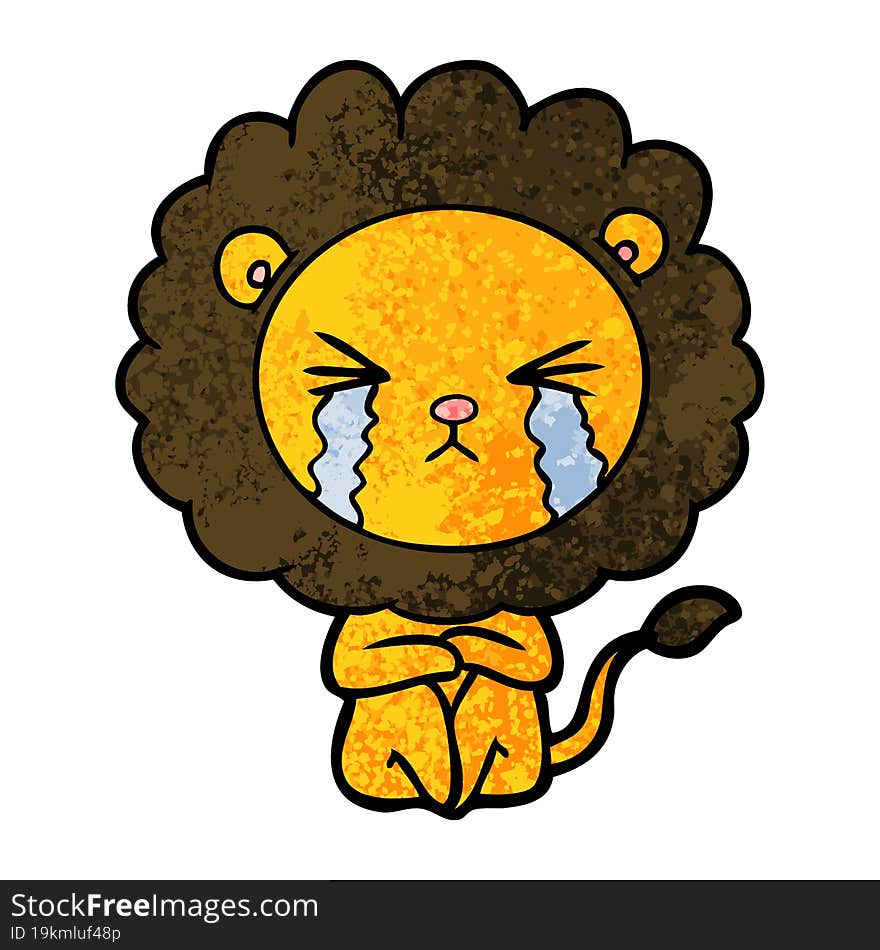 cartoon crying lion sitting huddled up. cartoon crying lion sitting huddled up