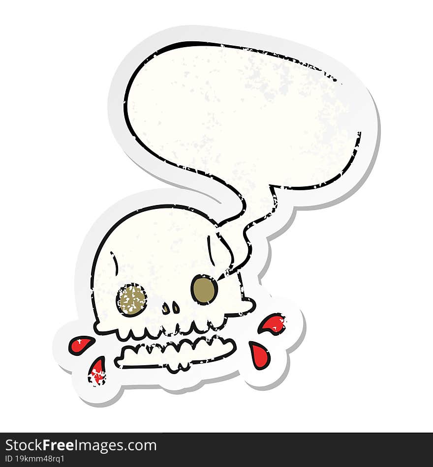 cartoon spooky skull with speech bubble distressed distressed old sticker. cartoon spooky skull with speech bubble distressed distressed old sticker