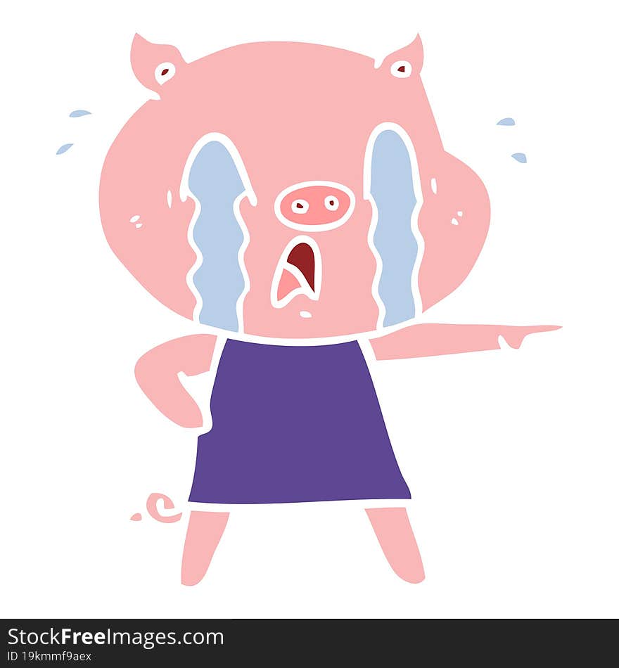 crying pig flat color style cartoon wearing human clothes