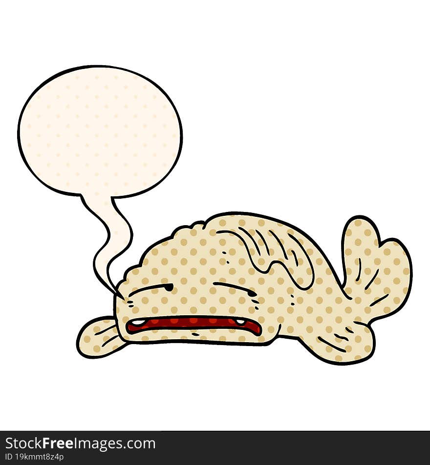 cartoon sad old fish with speech bubble in comic book style