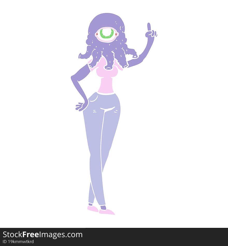 flat color illustration of female alien with raised hand. flat color illustration of female alien with raised hand