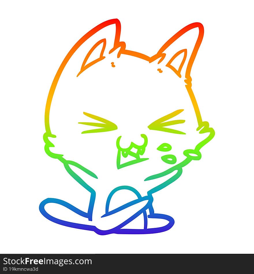 rainbow gradient line drawing of a cartoon cat hissing