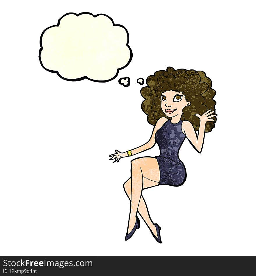 cartoon sitting woman waving with thought bubble