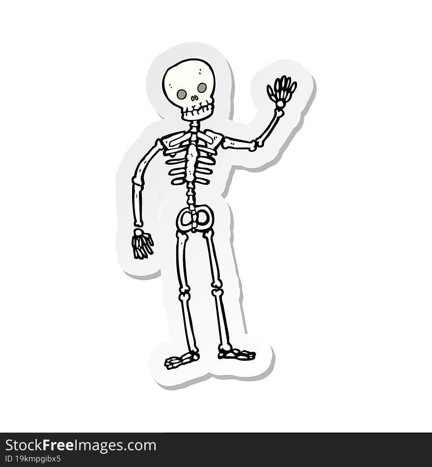 sticker of a cartoon waving skeleton