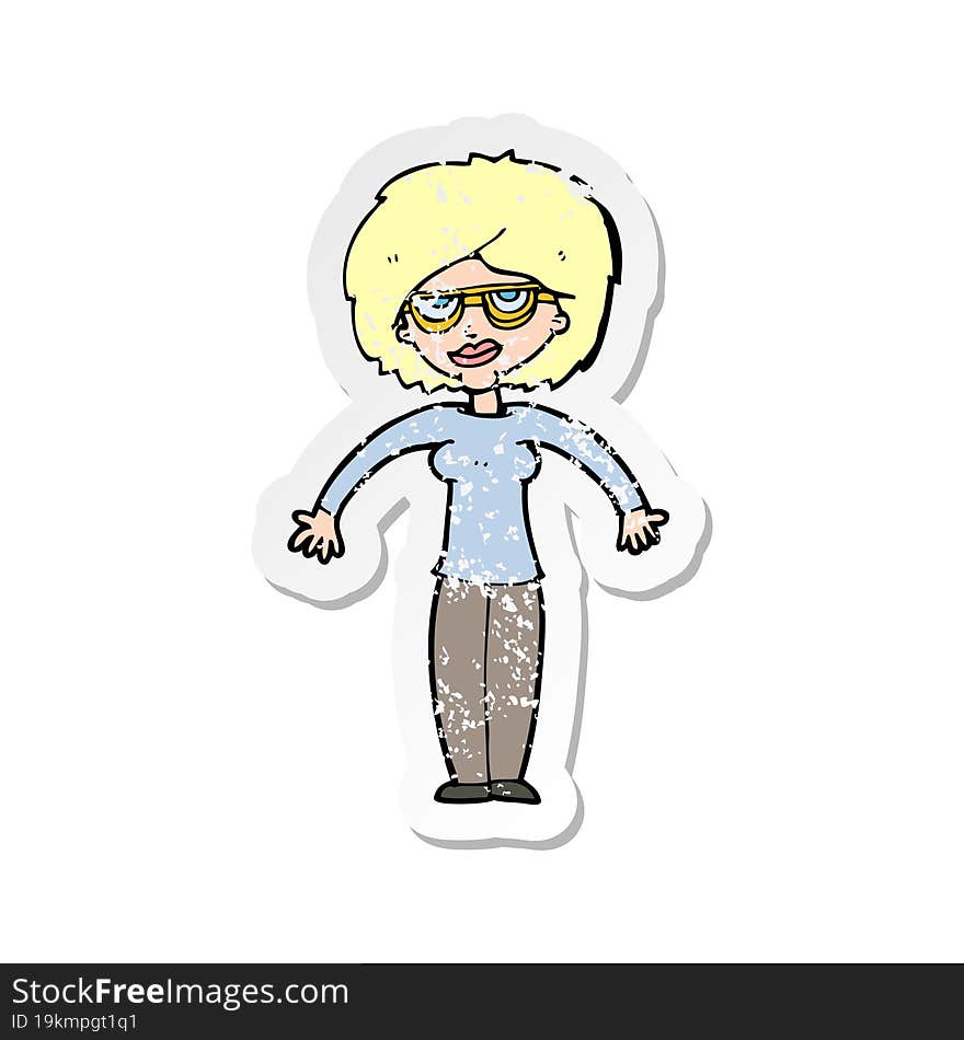 retro distressed sticker of a cartoon woman shrugging shoulders