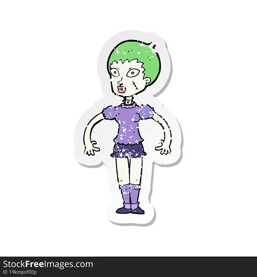 retro distressed sticker of a cartoon zombie monster woman