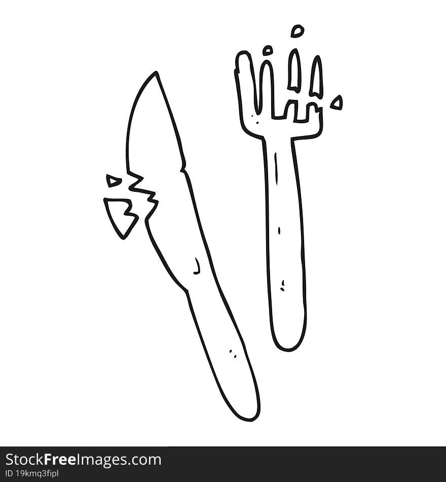 freehand drawn black and white cartoon cracked plastic cutlery