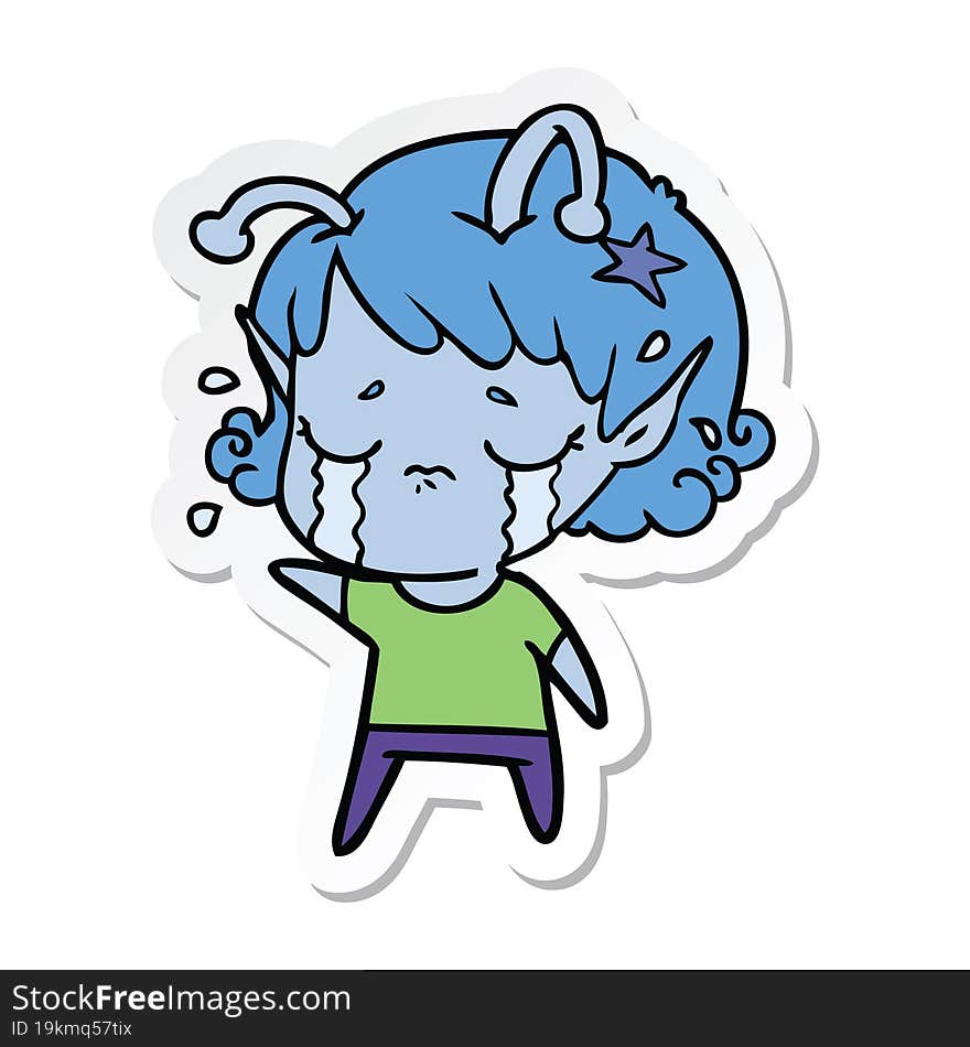 sticker of a cartoon crying alien girl