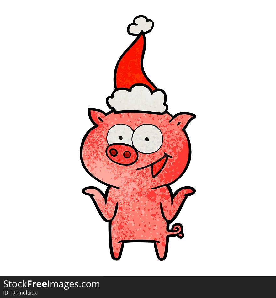 hand drawn textured cartoon of a pig with no worries wearing santa hat