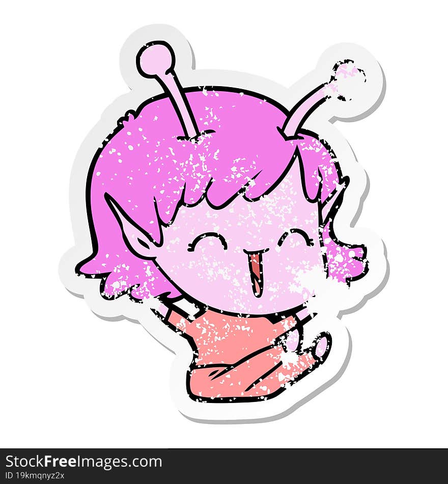 distressed sticker of a cartoon alien girl laughing