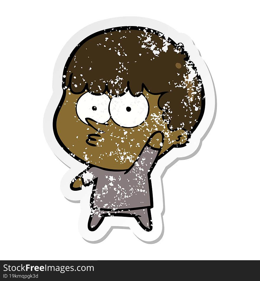 Distressed Sticker Of A Cartoon Curious Boy Waving