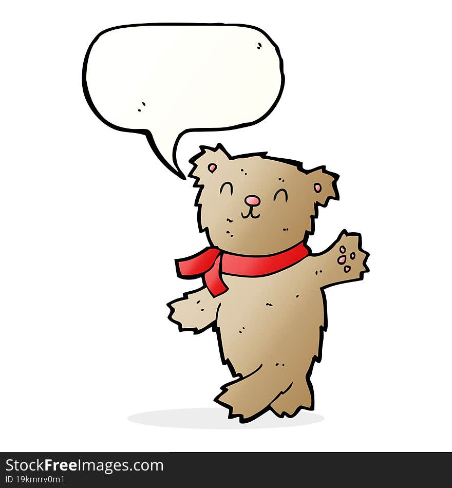 cartoon waving teddy bear with speech bubble