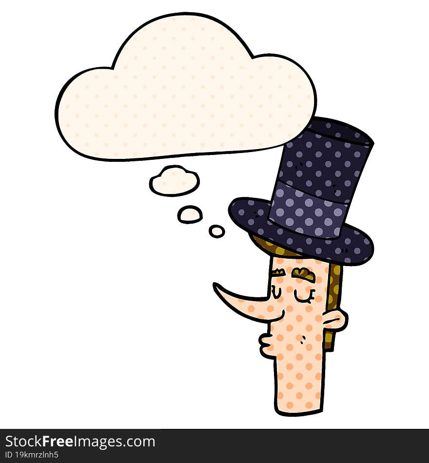 cartoon man wearing top hat and thought bubble in comic book style