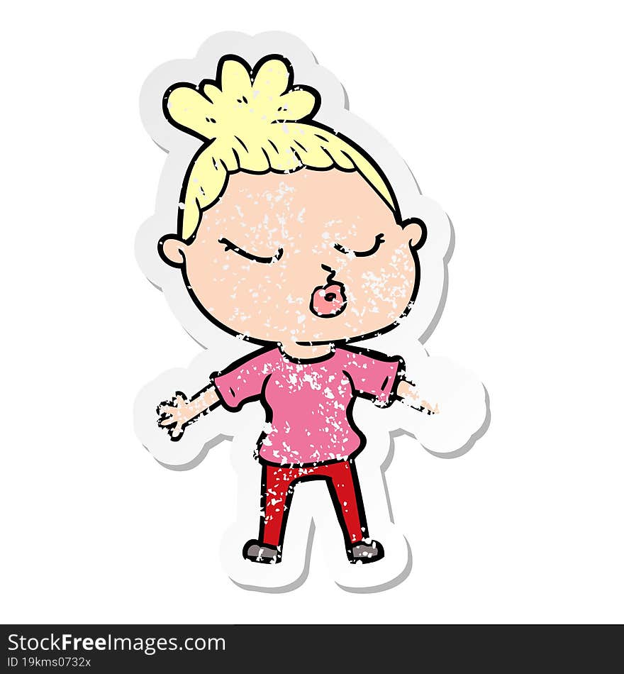 Distressed Sticker Of A Cartoon Calm Woman