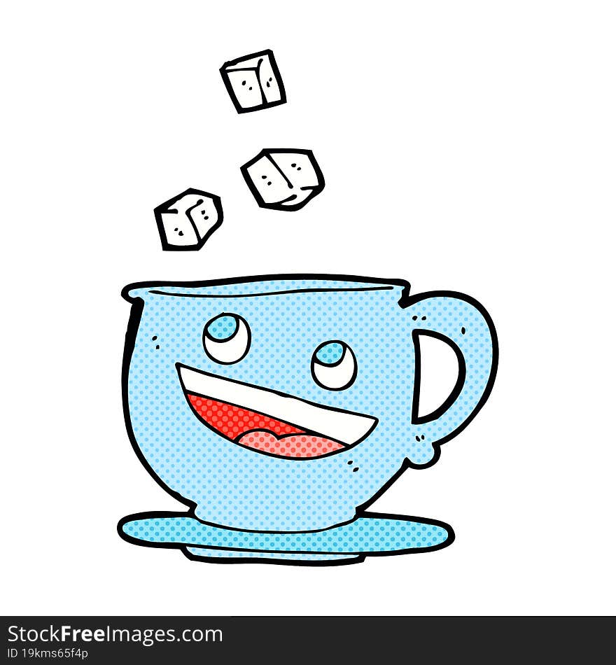 cartoon sugar lumps falling into tea cup. cartoon sugar lumps falling into tea cup