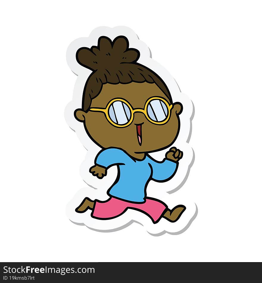 sticker of a cartoon running woman wearing spectacles