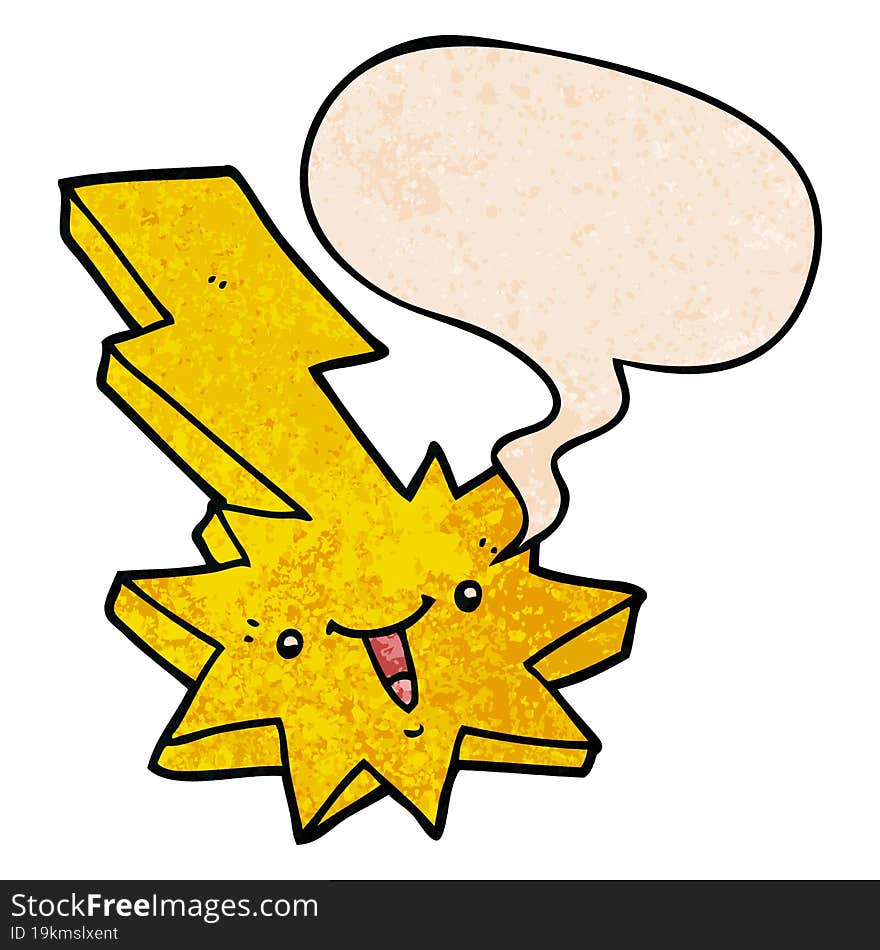 cartoon lightning strike and speech bubble in retro texture style