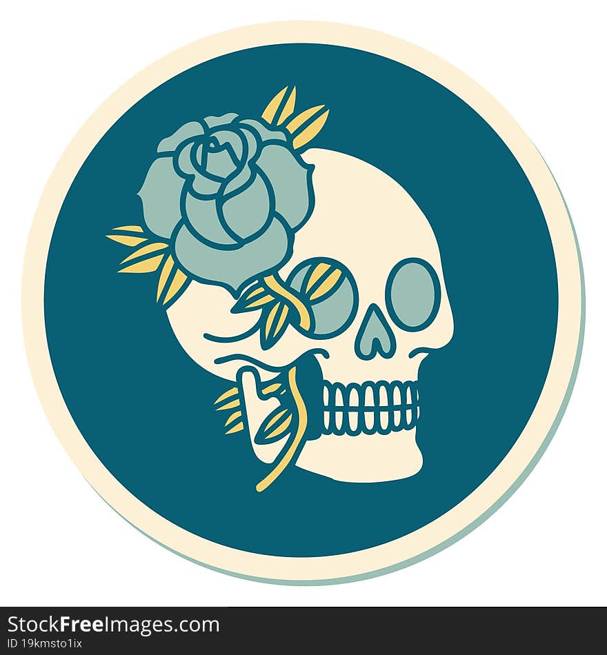 sticker of tattoo in traditional style of a skull and rose. sticker of tattoo in traditional style of a skull and rose