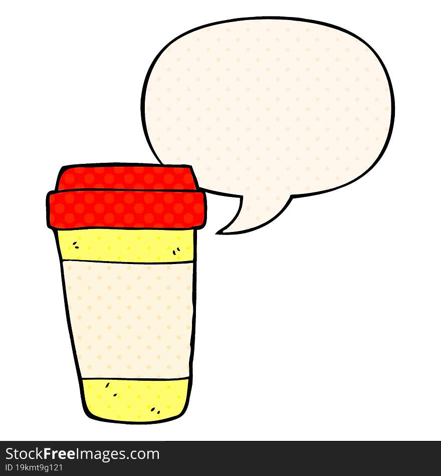 cartoon coffee cup with speech bubble in comic book style