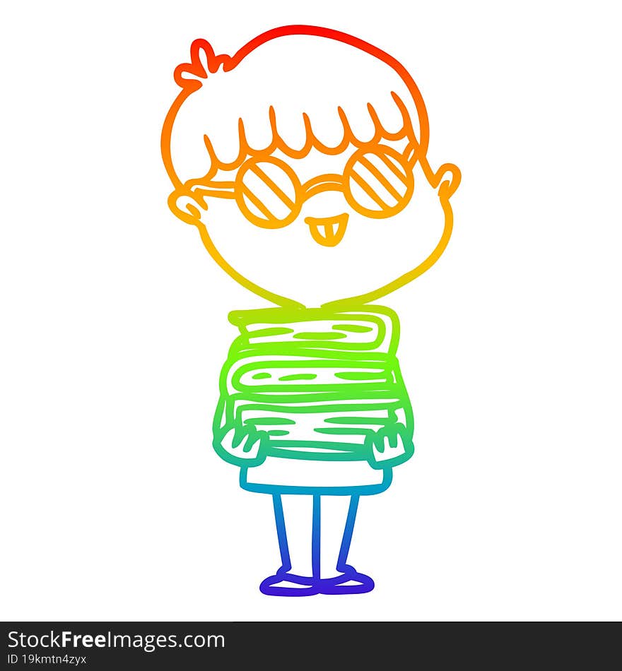 Rainbow Gradient Line Drawing Cartoon Nerd Boy With Spectacles And Book