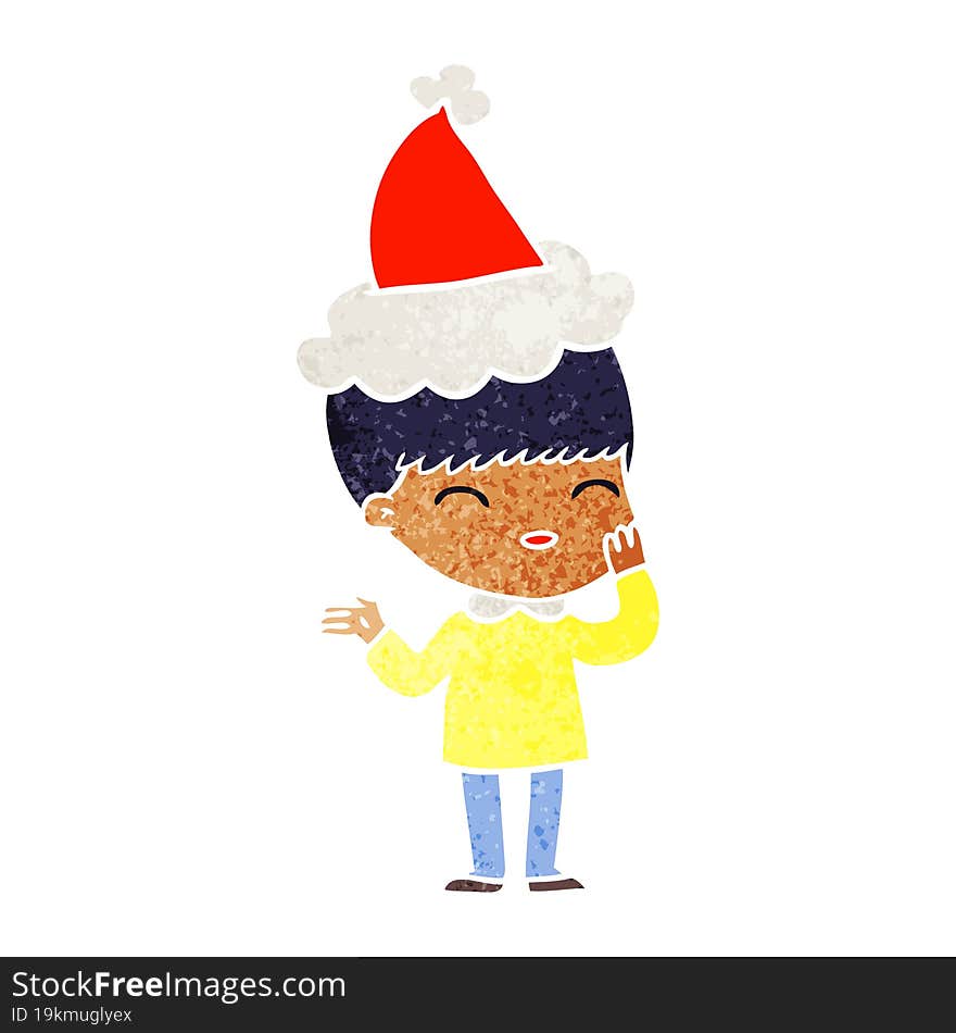 happy retro cartoon of a boy wearing santa hat