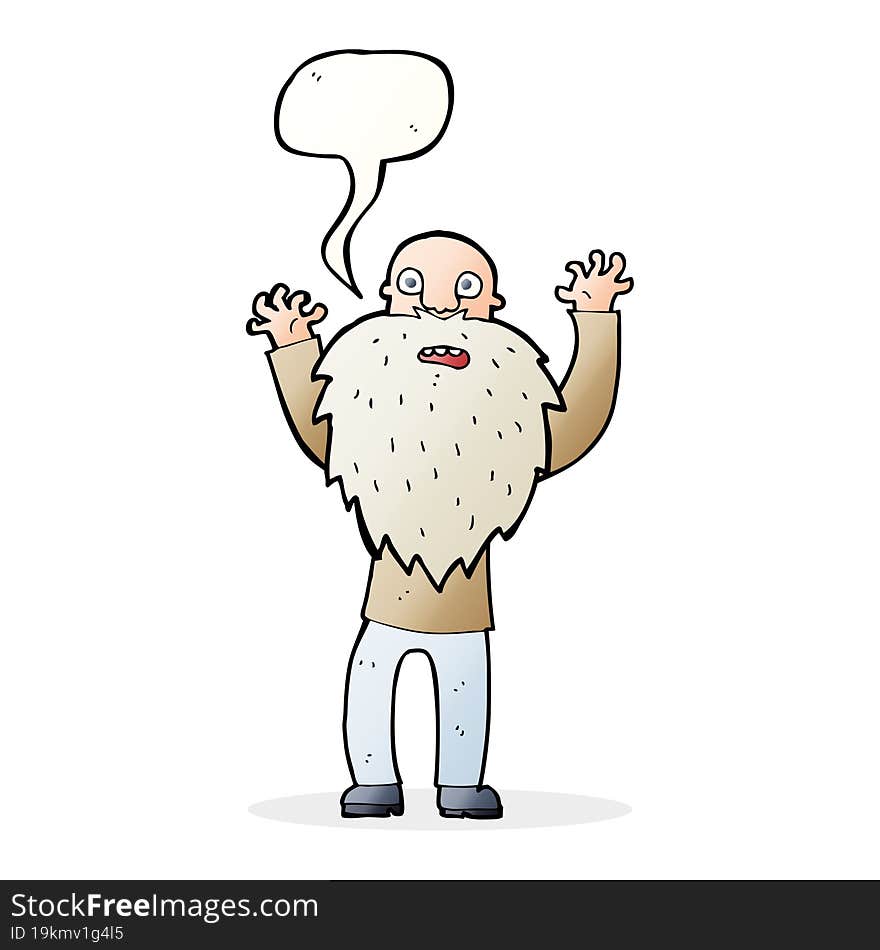 cartoon frightened old man with beard with speech bubble