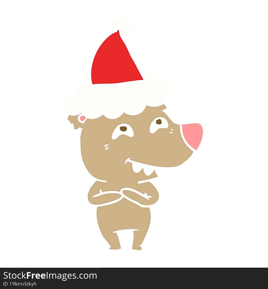 flat color illustration of a bear showing teeth wearing santa hat