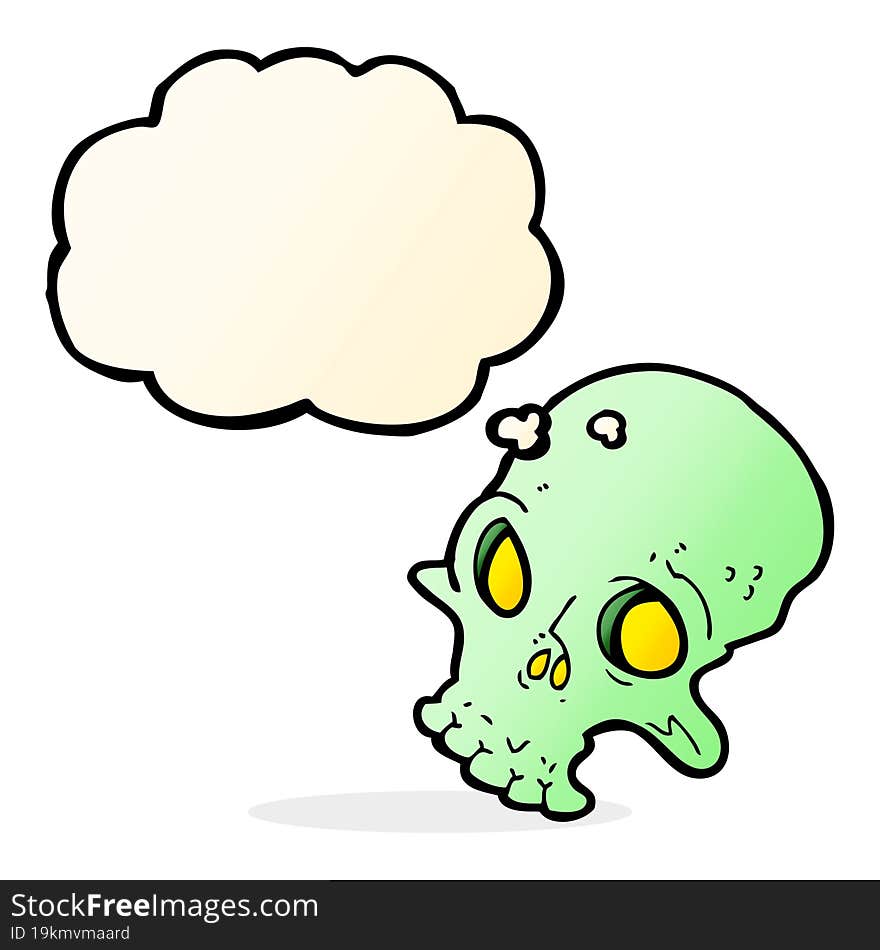 cartoon spooky skull with thought bubble