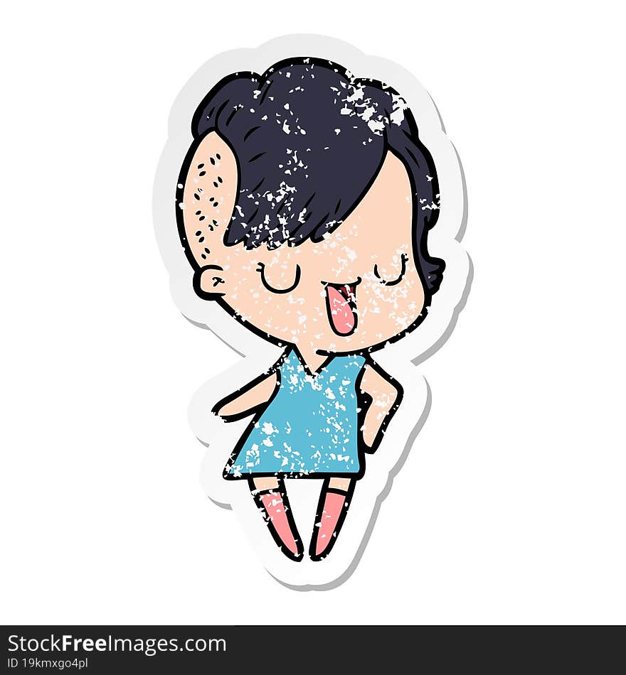 Distressed Sticker Of A Cute Cartoon Girl With Hipster Haircut