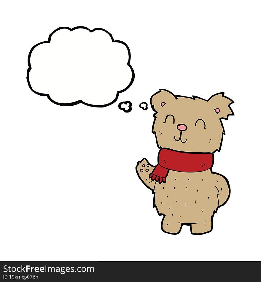 cartoon waving teddy bear with thought bubble