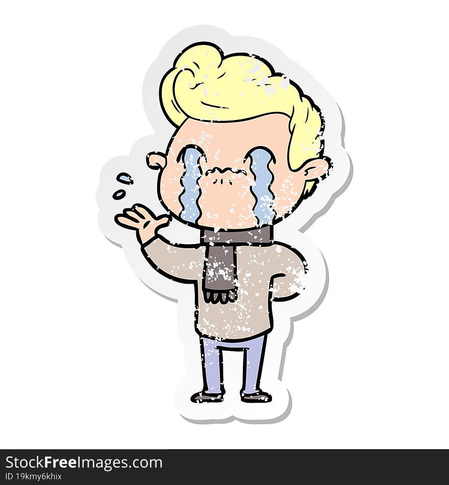 distressed sticker of a cartoon man crying