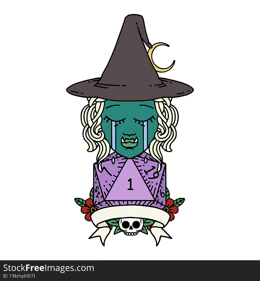 crying half orc witch character with natural one roll illustration