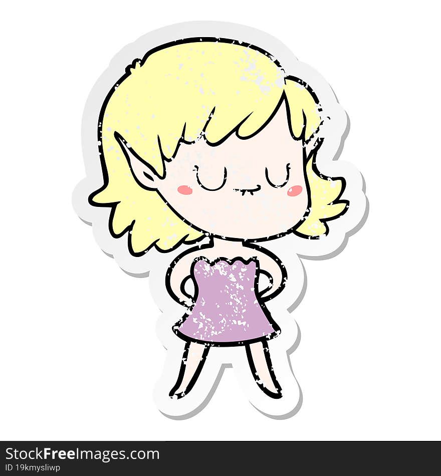 distressed sticker of a happy cartoon elf girl wearing dress