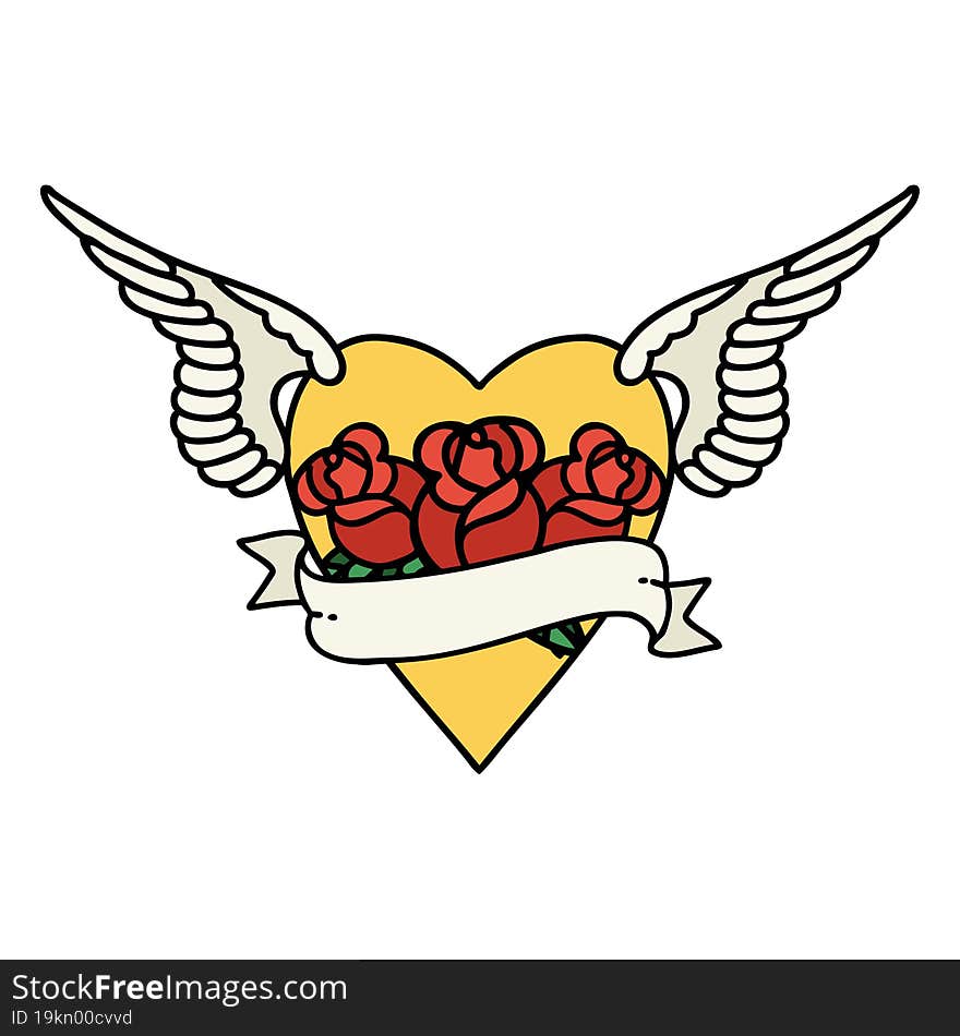 tattoo in traditional style of heart with wings flowers and banner. tattoo in traditional style of heart with wings flowers and banner