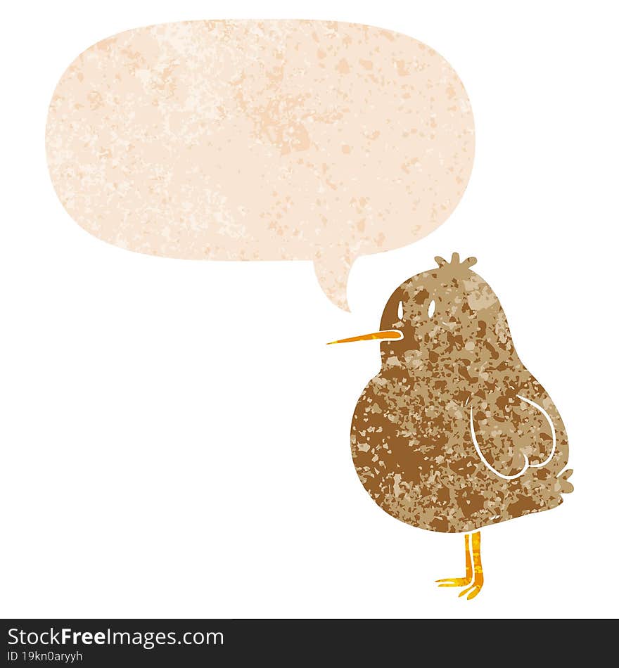 cartoon kiwi bird and speech bubble in retro textured style