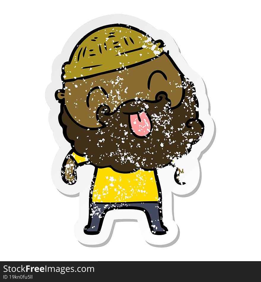 distressed sticker of a man with beard sticking out tongue