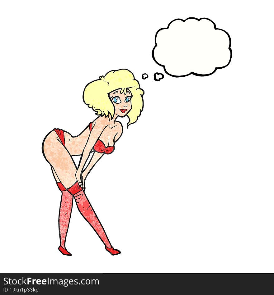 thought bubble textured cartoon pin up girl putting on stockings