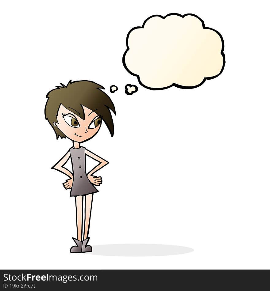 cartoon girl with hands on hips with thought bubble