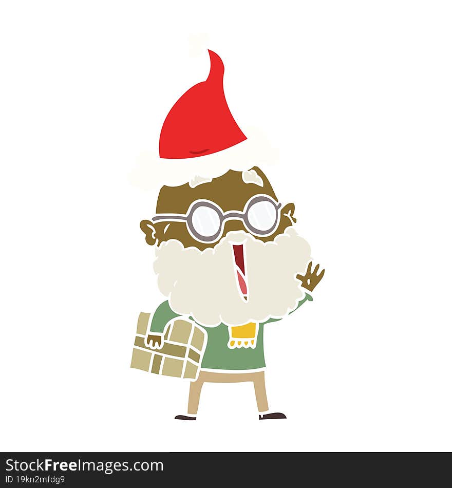 hand drawn flat color illustration of a joyful man with beard and parcel under arm wearing santa hat