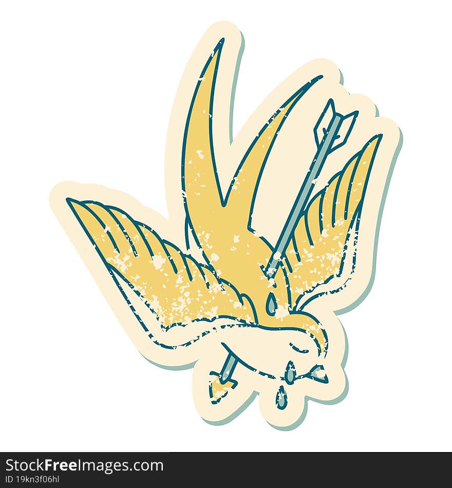 distressed sticker tattoo style icon of a swallow crying