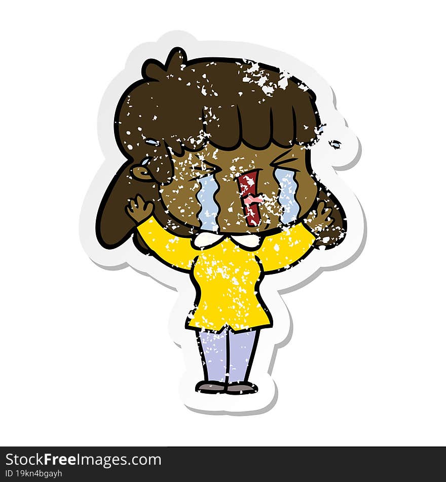 Distressed Sticker Of A Cartoon Woman In Tears